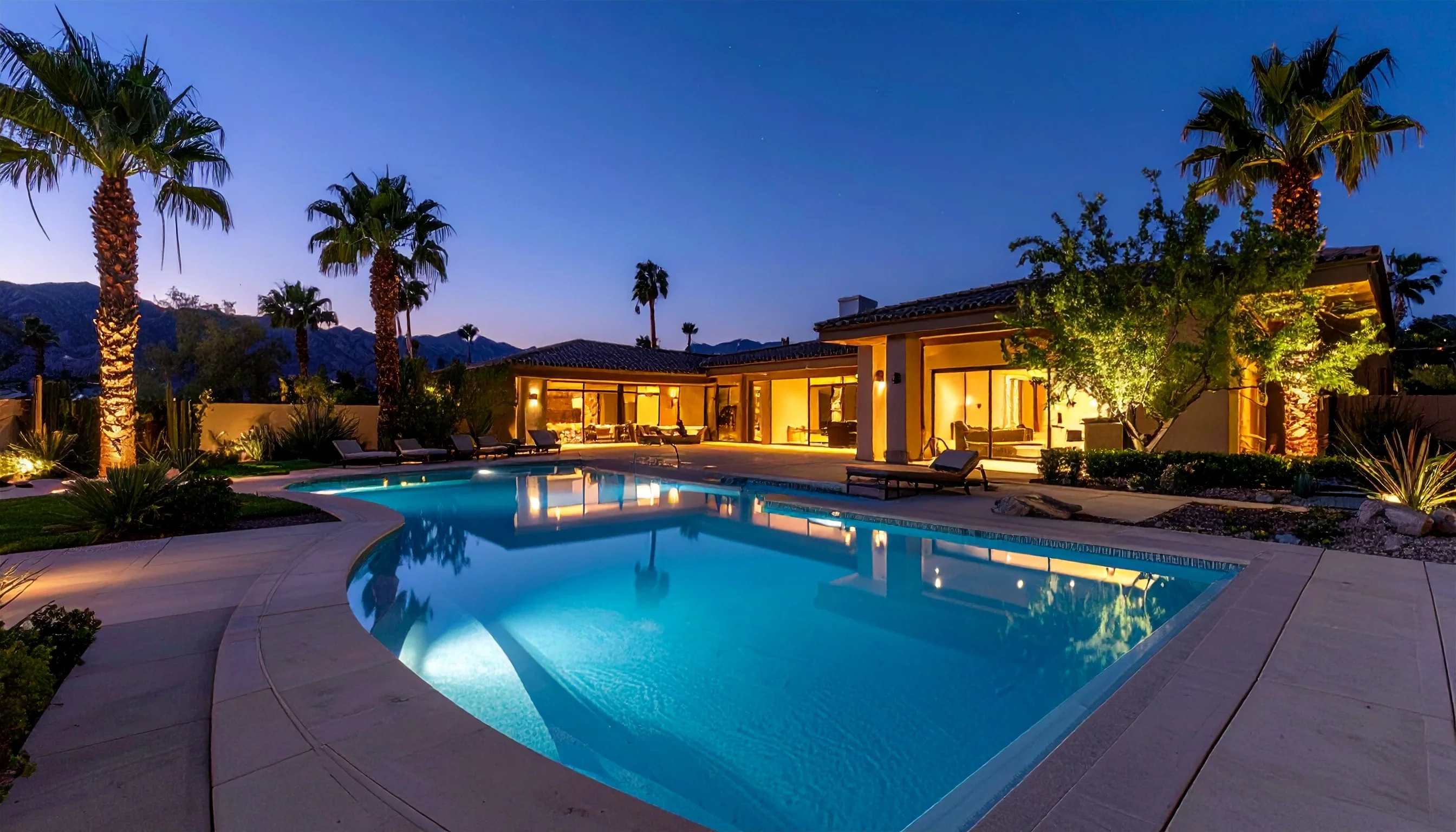 Pool and spa at dusk with lighting.