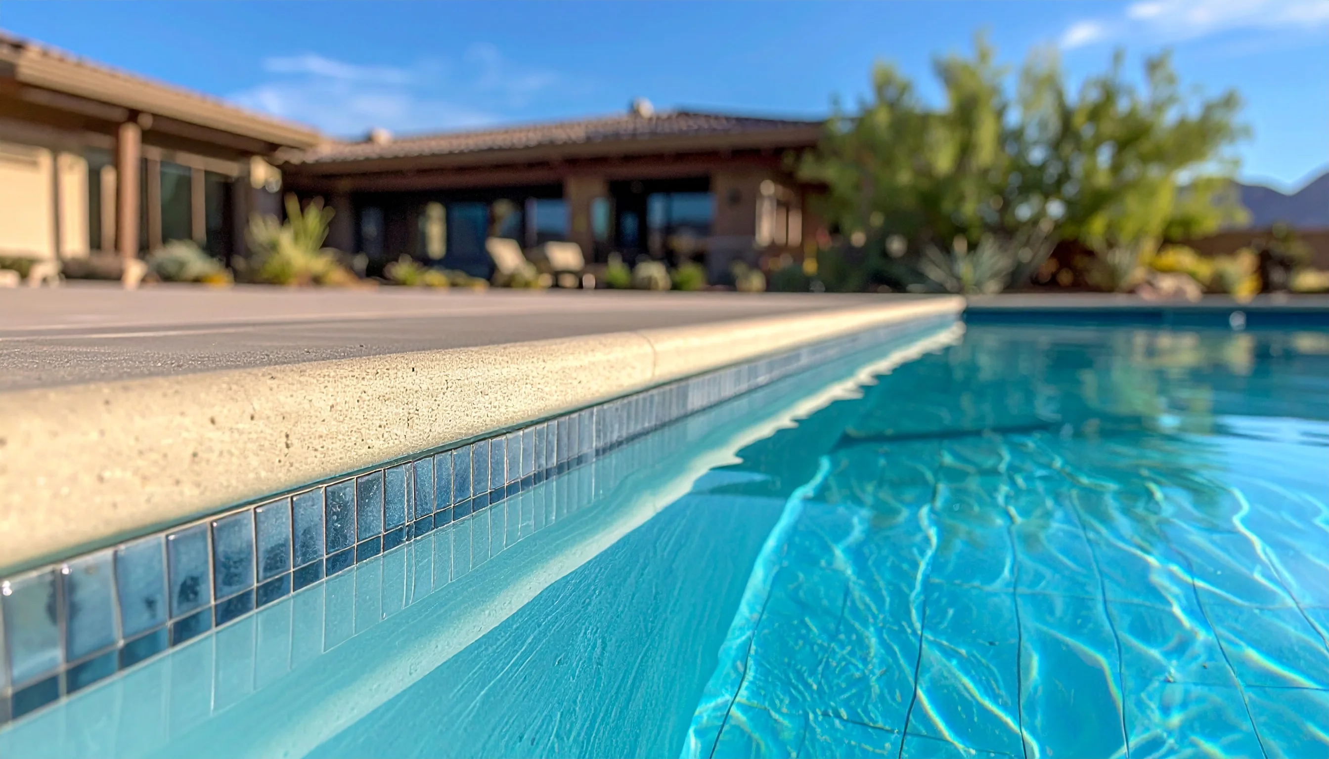 Close-up of tile and reflective blue pool water.